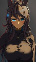 Rule 34 | 1girl, absurdres, alternate costume, animal ears, azuki (azuki azukki), black sweater, blue eyes, blush, breasts, commentary request, dark-skinned female, dark skin, earrings, grey background, hair between eyes, hair ornament, hairclip, highres, horse ears, horse girl, jewelry, large breasts, long hair, long sleeves, looking at viewer, necklace, partial commentary, ponytail, simple background, single earring, solo, sweater, symboli kris s (umamusume), umamusume