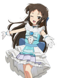 Rule 34 | 1girl, :d, blue bow, blue bowtie, blue dress, bow, bowtie, breath, brooch, brown eyes, brown hair, dot nose, double-parted bangs, dress, feet out of frame, flat chest, forehead, gloves, hair bow, high-low skirt, highres, idolmaster, idolmaster cinderella girls, jewelry, layered dress, legs together, long hair, looking at viewer, one eye closed, open mouth, outstretched arms, parted bangs, pleated dress, sidelocks, simple background, sleeveless, sleeveless dress, smile, solo, some1else45, straight hair, tachibana arisu, teeth, upper teeth only, white background, white gloves