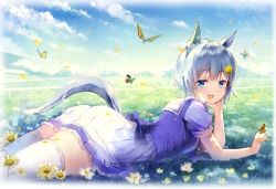Rule 34 | 1girl, animal ears, back bow, bare arms, blue bow, blue eyes, blue hair, blue neckerchief, blush, border, bow, breasts, bug, building, butterfly, butterfly on hand, cloud, dappled sunlight, day, ear scrunchie, elbow rest, falling petals, fence, field, flower, from side, grey hair, hair ornament, hairclip, hand on own face, head rest, horse ears, horse girl, horse tail, insect, jiji (381134808), looking at viewer, lying, miniskirt, neckerchief, on stomach, outdoors, petals, pleated skirt, school uniform, seiun sky (umamusume), serafuku, shirt, short hair, short sleeves, skindentation, skirt, sky, smile, solo, sunlight, tail, thighhighs, umamusume, white flower, white shirt, white thighhighs, wind, yellow flower, zettai ryouiki