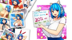 Rule 34 | 1girl, ad, blue hair, blush, breasts, cleavage, english text, erkaz, hands up, hat, headphones, huge breasts, medium hair, open mouth, original, red eyes, rina atherina, santa hat, shirt, short sleeves, sign, smile, solo, upper body, white shirt