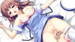 Rule 34 | 1girl, ama koi syrups, bed, blush, bow, bow panties, bra, breasts, brown hair, female ejaculation, female focus, fingering, game cg, groin, long hair, looking at viewer, lying, male hand, nipple slip, nipples, on back, open mouth, pan (mimi), panties, panty pull, purple eyes, pussy, pussy juice, solo focus, suimya, sweat, thighhighs, uncensored, underwear, watanuki tsuyuri, white thighhighs, wince