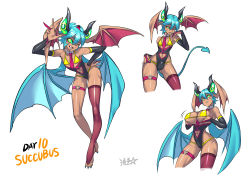 Rule 34 | androgynous, aqua hair, barefoot, bat wing, bra, breast hold, breasts, bridal gauntlets, bulge, clothing cutout, collar, commentary, corset, dark skin, demon girl, demon horns, demon tail, demon wings, english commentary, english text, finger to mouth, flat chest, gender request, green eyes, hand on own hip, head wings, heart cutout, horns, large breasts, legwear garter, nail polish, navel cutout, necktie, one eye closed, original, panties, red neckwear, ryuusei (mark ii), short hair, simple background, single legwear garter, single thighhigh, small breasts, tail, thighhighs, underwear, white background, wings, yellow bra, yellow panties