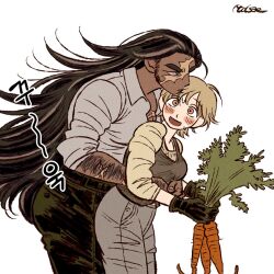 Rule 34 | 2girls, arm hair, artist name, behind another, black gloves, black pants, blonde hair, blush, brown hair, carrot, closed mouth, collared shirt, commentary request, dark-skinned female, dark skin, film grain, gloves, grey pants, grey vest, height difference, holding, holding carrot, hug, hug from behind, korean commentary, korean text, long hair, long sideburns, long sleeves, looking at another, milsae, multicolored hair, multiple girls, open collar, open mouth, orange eyes, original, pants, scar, scar on arm, scar on chest, scar on face, shirt, sideburns, signature, simple background, sleeves rolled up, smelling, smelling hair, streaked hair, sweat, thick eyebrows, translation request, vest, white background, white shirt, wide-eyed, wing collar, yellow shirt, yuri