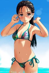 Rule 34 | 1girl, :d, aqua ribbon, armpits, arms up, bare arms, bare shoulders, bikini, black hair, blue sky, blush, body blush, breasts, collarbone, commentary request, cowboy shot, day, floral print, green eyes, hair slicked back, highres, lens flare, long hair, looking at viewer, matsunaga kouyou, navel, open mouth, original, outdoors, ribbon, side-tie bikini bottom, sky, small breasts, smile, solo, standing, stomach, string bikini, swimsuit, tareme, water
