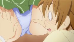 Rule 34 | 1boy, 1girl, animated, animated gif, blush, brown hair, face in crotch, head out of frame, kotegawa yui, looking at pussy, lower body, no pupils, open mouth, panties, partially visible vulva, pervert, school uniform, sweatdrop, thigh grab, thighs, to love-ru, underwear, upskirt, view between legs, yuuki rito