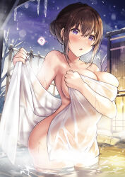 Rule 34 | 1girl, ?, bath, blush, breasts, brown hair, cleavage, highres, large breasts, naked towel, night, nude, onsen, open mouth, original, purple eyes, see-through, shiro kuma shake, snow, solo, standing, towel, wet