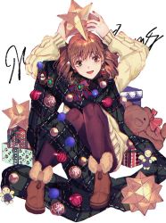 Rule 34 | 1girl, :d, ankle boots, arms up, bad id, bad twitter id, bauble, blush, boots, bow, box, brown eyes, brown footwear, brown hair, brown pantyhose, buchi (qooo003), christmas, christmas ornaments, dress, drill hair, earrings, full body, fur-trimmed boots, fur trim, gem, gift, gift box, green scarf, head tilt, heart, heart earrings, holding, jewelry, knees together feet apart, knees up, long hair, long sleeves, merry christmas, nail polish, open mouth, original, pantyhose, purple bow, red nails, ribbed sweater, scarf, sitting, smile, solo, star (symbol), stuffed animal, stuffed toy, sweater, sweater dress, teddy bear, text background, twin drills, twintails, white background, white sweater