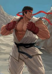 Rule 34 | 1boy, bad id, bad twitter id, belt, black hair, blue sky, day, dgls, dougi, fingerless gloves, gloves, hachimaki, headband, highres, looking to the side, male focus, manly, martial arts belt, muscular, parted lips, pectorals, red gloves, ryu (street fighter), sky, solo, street fighter, thick eyebrows, torn clothes