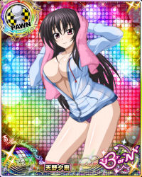 Rule 34 | 1girl, black hair, breasts, card (medium), chess piece, cleavage, high school dxd, large breasts, long hair, looking at viewer, official art, purple eyes, raynare, smile