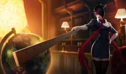 Rule 34 | 1girl, alternate costume, backlighting, bespectacled, black bra, black hair, black thighhighs, blue eyes, book, bookshelf, bra, breasts, cleavage, fiora (league of legends), foreshortening, glasses, globe, hair ornament, hair over one eye, hair stick, hand on own hip, headmistress fiora, lamp, large breasts, league of legends, multicolored hair, official art, red hair, ruler, scarf, short hair, skirt, skirt set, solo, thighhighs, two-tone hair, underwear, zettai ryouiki