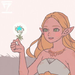 Rule 34 | 1girl, bellhenge, blonde hair, blue eyes, blush, breasts, dress, flower, jewelry, long hair, looking at viewer, nintendo, pointy ears, princess zelda, solo, strapless, strapless dress, the legend of zelda, the legend of zelda: breath of the wild