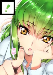 Rule 34 | 1girl, :o, arm support, c.c., close-up, code geass, collared shirt, creayus, dress shirt, fingernails, green hair, hand on own cheek, hand on own face, head rest, head tilt, long fingernails, long sleeves, looking at viewer, lying, on stomach, pointing, pointing at viewer, shirt, simple background, solo, tsurime, underwear, white background, white shirt, yellow eyes