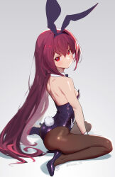 Rule 34 | 1girl, aged down, alternate breast size, animal ears, artist name, bare shoulders, blush, breasts, closed mouth, commentary request, detached collar, fake animal ears, fake tail, fate/grand order, fate (series), full body, gradient background, high heels, highres, leotard, long hair, looking at viewer, pantyhose, playboy bunny, pom pom (clothes), purple eyes, rabbit ears, rabbit tail, red eyes, scathach (fate), scathach (piercing bunny) (fate), shadow, shiny clothes, signature, siino, simple background, sitting, small breasts, solo, strapless, strapless leotard, tail, wariza, wrist cuffs