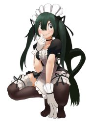 Rule 34 | 10s, 1girl, :&gt;, apron, arm support, asui tsuyu, black eyes, blush, boku no hero academia, breasts, commentary request, frilled thighhighs, frills, frog girl, full body, gloves, green hair, hair between eyes, hair rings, highres, long hair, maid, maid apron, maid headdress, medium breasts, puffy sleeves, short sleeves, simple background, smile, solo, sookmo, squatting, thighhighs, twintails, very long hair, white background