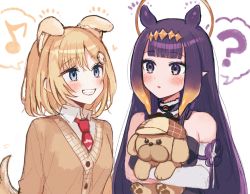 Rule 34 | 2girls, ?, animal ears, bad id, bad twitter id, blonde hair, blue eyes, blush, dog ears, dog tail, grin, highres, hololive, hololive english, long hair, looking at another, mole, mole under eye, multiple girls, musical note, necktie, ninomae ina&#039;nis, ninomae ina&#039;nis (1st costume), parted lips, pointy ears, purple eyes, purple hair, red neckwear, short hair, smile, speech bubble, spoken musical note, spoken question mark, tail, tamawo (mu gi2), teeth, virtual youtuber, watson amelia