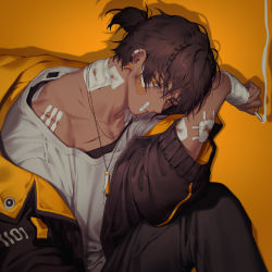 Rule 34 | 1boy, absurdres, arknights, bandaged arm, bandages, bandaid, bandaid on cheek, bandaid on face, bandaid on nose, black hair, black jacket, black pants, braid, cigarette, closed mouth, commentary, cuts, dark-skinned male, dark skin, english commentary, grey shirt, hair between eyes, highres, holding, holding cigarette, injury, jacket, jewelry, looking at viewer, male focus, manjyufroth, necklace, open clothes, open jacket, orange background, orange eyes, pants, ponytail, shirt, short ponytail, side braid, simple background, smoke, smoking, solo, thorns (arknights), upper body