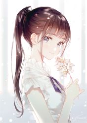 Rule 34 | 1girl, blue eyes, brown hair, check copyright, collar, copyright request, dress, flower, frilled collar, frilled sleeves, frills, gomzi, holding, holding flower, light particles, long hair, looking at viewer, original, ponytail, signature, smile, solo, white dress