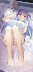 Rule 34 | 1girl, ahoge, bare legs, barefoot, bed, bed sheet, blue hair, blush, braid, breasts, cellphone, colored inner hair, feet, highres, hololive, knees up, large breasts, legs, looking at viewer, minato aqua, multicolored hair, nail polish, neko (minato aqua), on bed, open mouth, phone, pillow, purple eyes, purple hair, purple nails, shirt, shokorate, streaked hair, stuffed animal, stuffed toy, teddy bear, thighs, toenail polish, toenails, toes, two-tone hair, virtual youtuber, white shirt