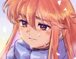 1girl ahoge blue_jacket celeste_(video_game) closed_mouth coat crying crying_with_eyes_open fuwamoko_momen_toufu hair_between_eyes highres jacket long_bangs long_hair long_sleeves looking_at_viewer madeline_(celeste) orange_hair red_eyes solo tears upper_body very_long_hair