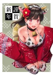 Rule 34 | 1girl, animal ears, animal print, bell, bra, breasts, brown hair, cleavage, cow print, earrings, fake animal ears, fake horns, flower, hair flower, hair ornament, hairband, highres, horns, japanese clothes, jewelry, kimono, long hair, looking at viewer, medium breasts, neck bell, off shoulder, open mouth, original, pink eyes, reco (fortunequest), seiza, sitting, solo, thighhighs, underwear