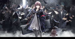Rule 34 | 1girl, berlinetta, coat, dress, expressionless, hand in pocket, highres, jacket, lin+, long hair, original, paper, pink hair, pixiv fantasia, pixiv fantasia fallen kings, purple hair, red eyes, scarf, signature, snow, snowing, suitcase, thighhighs