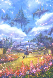 Rule 34 | 1girl, blue dress, blue hair, blue sky, boots, cat, cloud, cloudy sky, commentary request, day, dress, fantasy, field, floating island, flower, from behind, hair flower, hair ornament, holding, long hair, looking at viewer, looking back, original, outdoors, sakimori (hououbds), scenery, sky, solo, standing