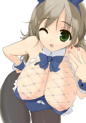 Rule 34 | 1girl, animal ears, bent over, bow, bowtie, breasts, brown hair, earrings, fake animal ears, fishnet top, fishnets, framed breasts, green eyes, hanging breasts, huge breasts, jewelry, kusaka souji, leaning forward, nail polish, nipples, one eye closed, original, pantyhose, pink nails, playboy bunny, rabbit ears, skindentation, solo, v, wink