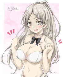 Rule 34 | 1girl, adapted costume, alternate costume, artist name, bikini, black ribbon, blush, breasts, brown eyes, conte di cavour (kancolle), dated, gakky, grey hair, highres, kantai collection, large breasts, long hair, looking at viewer, open mouth, pink background, ribbon, smile, solo, swimsuit, two side up, upper body, white background, white bikini