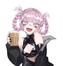 Rule 34 | 1girl, black nails, blue eyes, blunt bangs, blush, braid, braided hair rings, breasts, chocolate milk, cleavage cutout, clothing cutout, colored eyelashes, crop top, cup, drinking glass, fang, fingernails, foolish potato, hair rings, here some choccy milk (meme), highres, holding, holding cup, jacket, long fingernails, long sleeves, looking at viewer, medium breasts, meme, nail polish, nanakusa nazuna (yofukashi no uta), off shoulder, open clothes, open jacket, open mouth, puffy long sleeves, puffy sleeves, ringed eyes, shiny clothes, shirt, short hair, sidelocks, simple background, sleeveless, sleeveless turtleneck, smile, solo, teeth, turtleneck, upper body, white background, yofukashi no uta