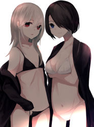 Rule 34 | 2girls, bad id, bad pixiv id, bikini, black bikini, black hair, black robe, black shirt, blouse, blue eyes, breasts, cleavage, cowboy shot, flat chest, hair over one eye, highres, looking at viewer, lowleg, lowleg bikini, medium breasts, multiple girls, ogami ren, open clothes, original, red eyes, robe, shirt, simple background, smile, swimsuit, triangle mouth, white background, white bikini, white hair