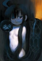 Rule 34 | 1girl, black hair, black snake, breasts, brown eyes, check copyright, commentary request, copyright request, hair over breasts, kondoo, long hair, looking at viewer, lucu lucu, lucuha, navel, nude, original, pale skin, small breasts, smile, snake, solo, upper body, very long hair