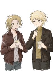 Rule 34 | 2boys, atou haruki, black pants, blonde hair, blue pants, brown hair, brown jacket, cha wu, chewing, chinese commentary, closed mouth, commentary request, cup, green eyes, highres, holding, holding cup, jacket, light brown hair, long sleeves, male focus, medium hair, multiple boys, notice lines, open clothes, open jacket, open mouth, pants, saibou shinkyoku, shinano eiji, shirt, short hair, simple background, smile, sweater, turtleneck, turtleneck sweater, white background, white shirt, yellow sweater
