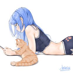 Rule 34 | 1girl, animal, artist name, ass, bare arms, bare shoulders, black shirt, black shorts, blue eyes, blue hair, cat, chaesu, crop top, from side, highres, holding, holding phone, long hair, bae minah (chaesu), original, phone, shirt, shorts, simple background, solo, white background