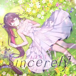Rule 34 | 1girl, album cover, azki (5th costume) (hololive), azki (hololive), black hair, blush, breasts, character name, choker, closed eyes, closed mouth, colored inner hair, copyright name, cover, dress, facing viewer, field, flower, flower field, frilled choker, frills, gloves, hand on own stomach, highres, hololive, layered dress, long hair, lying, makieda, medium breasts, mole, mole under eye, multicolored hair, official alternate hairstyle, official art, on back, pink hair, second-party source, side ponytail, solo, strapless, strapless dress, tiara, virtual youtuber, white choker, white dress, white gloves