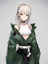 Rule 34 | 1girl, casual, choker, closed mouth, cowboy shot, earrings, green eyes, grey background, heavily armed high school girls, ichi (heavily armed high school girls), jacket, jewelry, long hair, looking at viewer, neco, off shoulder, original, ponytail, silver hair, simple background, solo, tank top