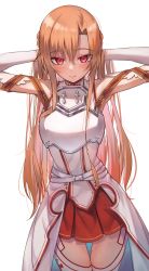 Rule 34 | 1girl, absurdres, armor, arms behind head, arms up, asuna (sao), bare shoulders, blush, breasts, closed mouth, cowboy shot, detached sleeves, elbow gloves, female focus, gloves, hair between eyes, highres, long hair, looking at viewer, miniskirt, orange hair, pleated skirt, red eyes, red skirt, simple background, skirt, smile, solo, standing, sword art online, thighhighs, thighs, torriet, white background, white thighhighs, zettai ryouiki
