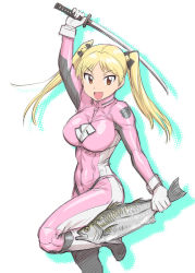 Rule 34 | 1girl, bakuon!!, bell, biker clothes, bikesuit, blonde hair, bodysuit, breasts, fish, hair bell, hair ornament, katana, large breasts, long hair, looking at viewer, open mouth, pink bodysuit, simple background, solo, suzunoki rin, sword, twintails, ueyama michirou, weapon, you&#039;re doing it wrong