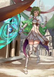 Rule 34 | 1girl, absurdres, aztodio, boots, breasts, cape, day, dress, elbow gloves, fire emblem, fire emblem: the sacred stones, fire emblem heroes, full body, gloves, green eyes, green hair, highres, l&#039;arachel (fire emblem), medium breasts, nintendo, open mouth, short dress, smile, staff, thigh boots, thighhighs, tower