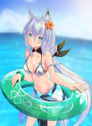 Rule 34 | 1girl, ahoge, animal ears, beach, belt, bikini, blurry, blurry background, bracelet, breasts, cleavage, cocoablue23, collarbone, commentary request, day, flower, fox ears, fox tail, green eyes, hair between eyes, hair flower, hair ornament, highres, hololive, innertube, jewelry, long hair, looking at viewer, medium breasts, navel, ocean, shirakami fubuki, silver hair, sky, smile, solo, standing, swim ring, swimsuit, tail, virtual youtuber