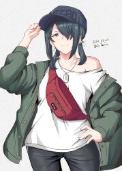 Rule 34 | 1girl, artist name, baseball cap, black hair, black hat, black pants, commentary request, dated, dog tags, fanny pack, grey jacket, hair over one eye, hand on own hip, hat, highres, jacket, kantai collection, kumano maru (kancolle), long hair, low twintails, official alternate costume, pants, red eyes, shirt, simple background, solo, taira yuuki, twintails, white background, white shirt