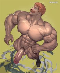 Rule 34 | 1boy, abs, blue eyes, escanor, facial hair, highres, looking to the side, male focus, muscular, muscular arms, muscular legs, muscular male, mustache, nanatsu no taizai, nude, orange hair, pectorals, penis, pubic hair, sack, shoes, solo, torn clothes, veins, veiny penis