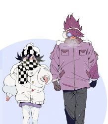 Rule 34 | 2boys, absurdres, beanie, blush, breath, checkered clothes, checkered headwear, checkered scarf, coat, cold, danganronpa (series), danganronpa v3: killing harmony, earmuffs, flipped hair, gloves, goggles, hat, height difference, highres, long sleeves, looking at viewer, lovepoints, male focus, momota kaito, multiple boys, nose blush, oma kokichi, purple coat, purple eyes, purple hair, scarf, scarf over mouth, short hair, simple background, snowing, spiked hair, upper body, walking, white background, white coat, winter, winter clothes
