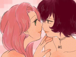 Rule 34 | 2girls, alternate hair color, armpits, artist request, black eyes, black hair, choker, collarbone, completely nude, courtney (pokemon), creatures (company), daisy oak, eye contact, eyelashes, fingernails, game freak, green eyes, hand on another&#039;s shoulder, hand up, imminent kiss, lips, long hair, looking at another, multiple girls, neck, nintendo, nude, pendant choker, pink hair, pokemon, pokemon adventures, profile, short hair, sidelocks, standing, team magma, topless, topless frame, upper body, yuri