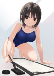 Rule 34 | 1girl, all fours, aoyama sumika, barefoot, black hair, blue one-piece swimsuit, breasts, brown eyes, calligraphy brush, coffee-kizoku, commentary request, competition school swimsuit, highres, holding, holding brush, holding calligraphy brush, holding paintbrush, ink, inkstone, kakizome, medium breasts, one-piece swimsuit, original, paintbrush, school swimsuit, short hair, solo, swimsuit