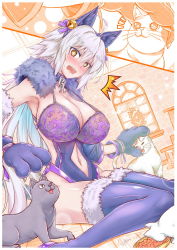 Rule 34 | 1girl, ahoge, animal ears, animal hands, bare shoulders, bell, blush, bow, breasts, cat, cat ears, cat tail, chain, cigar cat, cleavage, clothing cutout, collar, cosplay, detached collar, fate/grand order, fate (series), fur collar, fur trim, gloves, hair between eyes, hair bow, headpat, highleg, highleg leotard, jeanne d&#039;arc (fate), jeanne d&#039;arc alter (avenger) (fate), jeanne d&#039;arc alter (fate), jingle bell, large breasts, leotard, long hair, mash kyrielight, mash kyrielight (dangerous beast), mash kyrielight (dangerous beast) (cosplay), navel, navel cutout, official alternate costume, open mouth, paw gloves, purple bow, purple leotard, purple thighhighs, silver hair, sitting, solo, tail, thighhighs, thighs, very long hair, wariza, yellow eyes