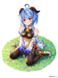 Rule 34 | 1girl, :o, absurdres, ahoge, bare shoulders, black bodysuit, black gloves, blue flower, blue hair, bodysuit, commentary request, curled horns, detached sleeves, flower, ganyu (genshin impact), genshin impact, gloves, hair between eyes, high heels, highres, horns, long hair, long sleeves, on grass, parted lips, pink flower, purple flower, red eyes, revision, shoes, sitting, sleeves past wrists, solo, twitter username, very long hair, wang man, wariza, white background, white flower, white footwear, white sleeves, wide sleeves
