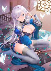 Rule 34 | 1girl, alternate costume, azur lane, belfast (azur lane), belfast (iridescent rosa) (azur lane), belfast (iridescent rosa) (azur lane), blue eyes, blush, braid, breasts, bug, butterfly, chain, china dress, chinese clothes, collar, day, dress, earrings, folded fan, folding fan, hand fan, hand up, highres, indoors, insect, jewelry, large breasts, long hair, looking at viewer, nanam (nanam sk), panties, side-tie panties, silver hair, sitting, smile, solo, thighhighs, underwear, white thighhighs, window, yokozuwari