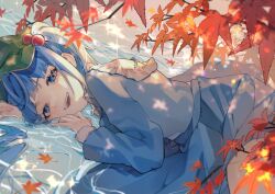 Rule 34 | 1girl, absurdres, blue eyes, blue hair, blue shirt, blue skirt, commentary request, flat cap, green hat, hair bobbles, hair ornament, hat, highres, kappa mame, kawashiro nitori, leaf, long sleeves, looking at viewer, lying, lying on water, maple leaf, medium hair, open mouth, shirt, skirt, smile, solo, sparkle, touhou, two side up, water