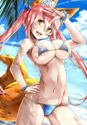 Rule 34 | 10s, 1girl, animal ears, beach, bikini, blue bikini, breasts, cameltoe, cleavage, cleft of venus, day, fang, fate/extra, fate/grand order, fate (series), fox ears, fox tail, hand on own hip, highres, kntrs (knyrs), large breasts, long hair, looking at viewer, micro bikini, navel, ocean, open mouth, outdoors, palm leaf, pink hair, solo, swimsuit, tail, tamamo (fate), tamamo no mae (fate/extra), tamamo no mae (swimsuit lancer) (fate), yellow eyes