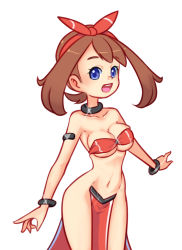 Rule 34 | 1girl, armlet, blue eyes, blush, bra, bracelet, breasts, brown hair, choker, cleavage, collarbone, creatures (company), dancer, drantyno, game freak, hairband, harem outfit, highres, jewelry, long hair, looking at viewer, may (pokemon), medium breasts, navel, nintendo, open mouth, pelvic curtain, pokemon, pokemon oras, red bra, smile, solo, sparkle, standing, teeth, thigh strap, underwear, white background